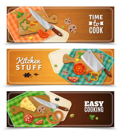 Cooking horizontal banners with kitchen knife and food on wooden chopping boards and checkered cloth napkins flat vector illustrationのイラスト素材