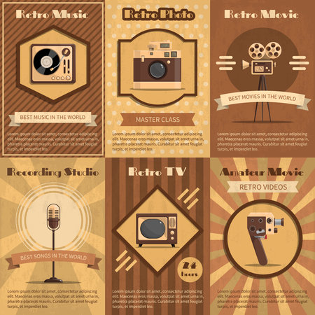 Retro poster set with vintage music radio and tv devices in brown tones vector illustrationのイラスト素材