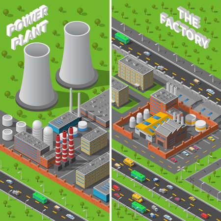 Industrial area 2 vertical isometric banners composition with factory and power plant wide chimneys abstract vector illustrationのイラスト素材