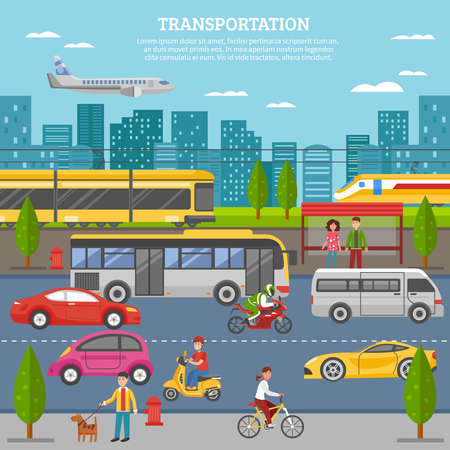 Transport in city poster with people and movement of airplane train tram bus individual vehicles vector illustrationのイラスト素材