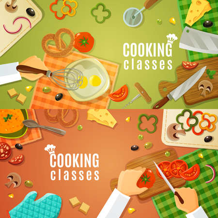 Cooking classes top view with kitchenware and products on kitchen table and chefs hands chopping vegetables on wooden board vector illustrationのイラスト素材
