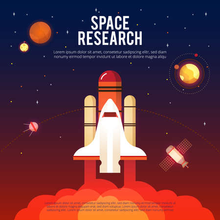 Space research and exploration colorful poster with shuttle launch satellite and international...