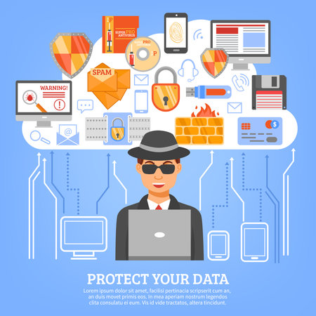Network security concept with hacker figure at computer and set of decorative icons with floppy disk flash drive firewall and spam symbols flat vector illustrationのイラスト素材