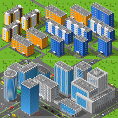 Modern city business center buildings and residential area apartments isometric horizontal banners composition abstract isolated vector illustrationのイラスト素材