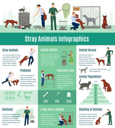 Stray animals infographics set with the calculation value on veterinary services population number of animals from a shelter who gained home vector illustrationのイラスト素材