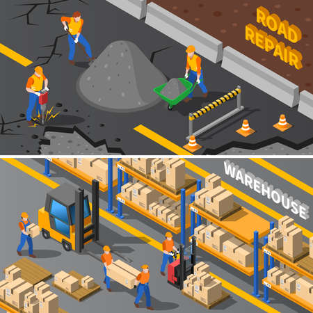 Workers Isometric Concept. Road Workers Horizontal Banners. Construction Workers Vector Illustration. Warehouse Workers Set. Workers Design Symbols.Workers Elements Collection. Worker People Compositions.のイラスト素材