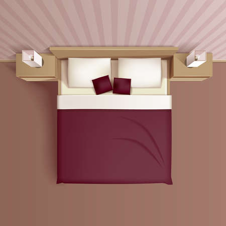 Classic family bedroom interior design with comfortable bed headboard pillows and nightstands top view realistic vector illustrationのイラスト素材