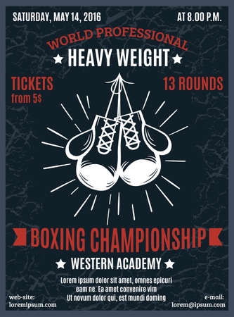 Boxing professional championship poster with heavy weight battle advertising and white boxer gloves in black background  vector illustrationのイラスト素材
