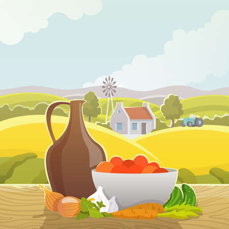 Rural country autumn landscape design picture of fields hills and mountains with harvested vegetables abstract vector illustrationのイラスト素材