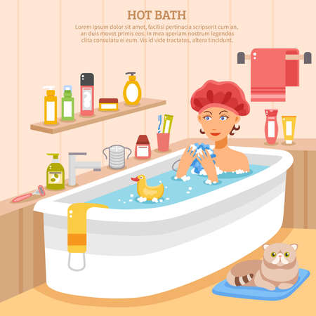Hot bath poster with woman in soapy water cat on mat and hygiene items vector illustrationのイラスト素材