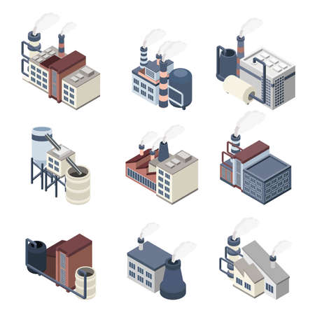 Industrial buldings isometric icons set with 3d plants and factories isolated vector illustrationのイラスト素材