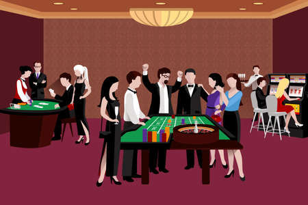 People in casino standing around the roulette table flat vector illustrationのイラスト素材