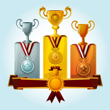 Golden cups and medal trophies on winners podium cartoon vector illustrationのイラスト素材