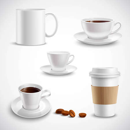 Realistic coffee set with paper cup china mug porcelain saucer isolated vector illustrationのイラスト素材