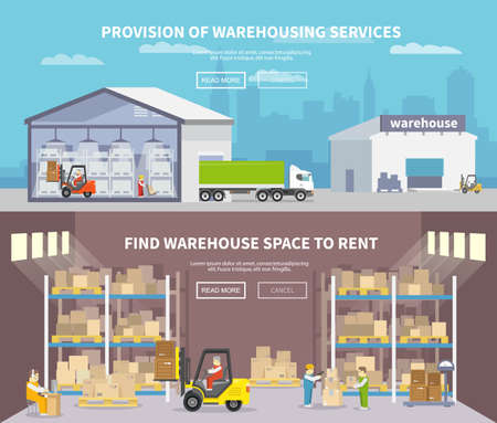 Warehouse banner set with shipping and delivery flat elements isolated vector illustrationのイラスト素材