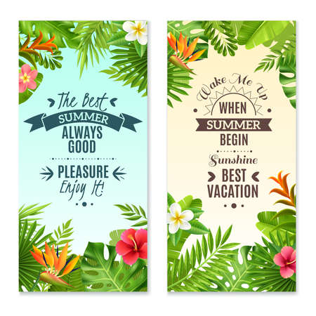 Summer vacation in tropical rainforest 2 vertical banners with hibiscus and bird paradise plants flowers isolated vector illustrationのイラスト素材