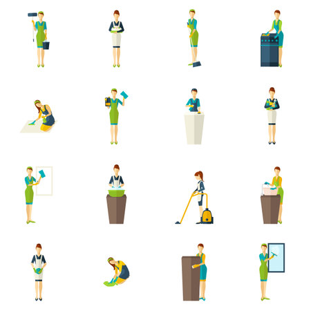 People involved the cleaning with tools and equipment color flat icons set isolated vector illustrationのイラスト素材