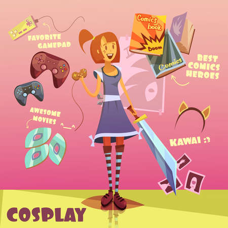 Cosplay character cartoon set with comics books and movies symbols vector illustrationのイラスト素材