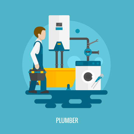 Plumber with washing machine bath and pipe system icon flat vector illustrationのイラスト素材