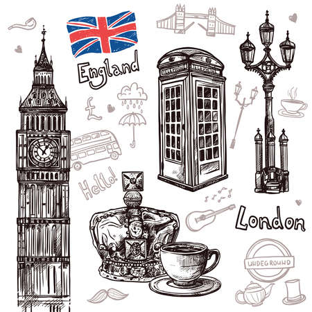 London sketch set with tea cup queen crown telephone booth isolated vector illustrationのイラスト素材