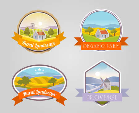 Rural landscape provence organic farm label set isolated vector illustrationのイラスト素材