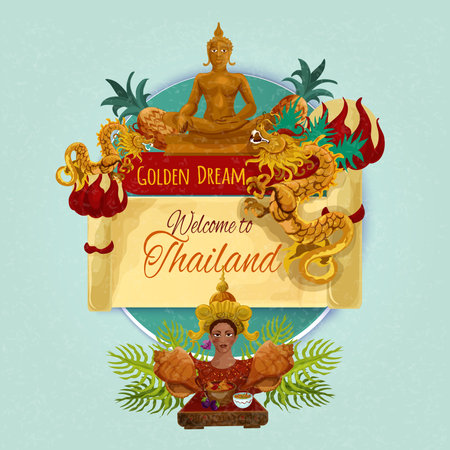 Welcome thailand promo poster with cartoon touristic symbols vector illustrationのイラスト素材