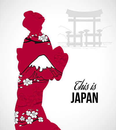 Geisha silhouette with sakura flowers and mountains poster vector illustrationのイラスト素材