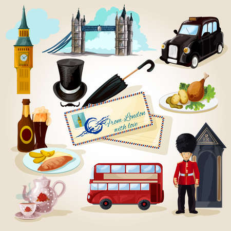 London decorative icons set with cartoon landmarks and touristic symbols isolated vector illustrationのイラスト素材