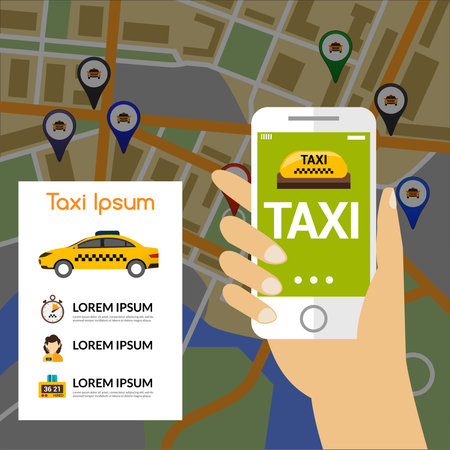 Taxi navigation concept with human hand holding mobile phone and map on background vector illustrationのイラスト素材