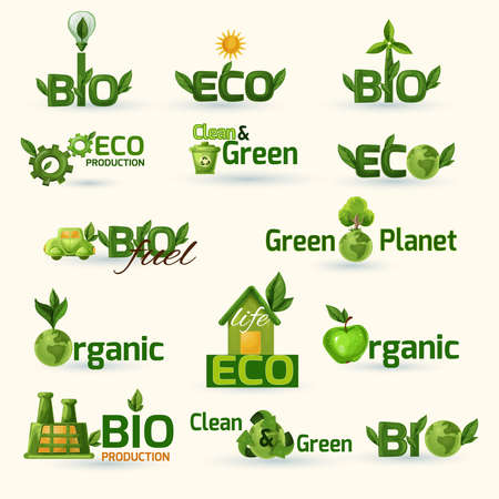 Green ecology and bio text with leafs badges set isolated vector illustrationのイラスト素材