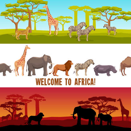 Horizontal colorful African animals with trees banners set isolated vector illustrationのイラスト素材