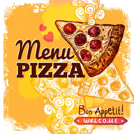 Fast food restaurant menu cover template with hand drawn pizza slice vector illustrationのイラスト素材