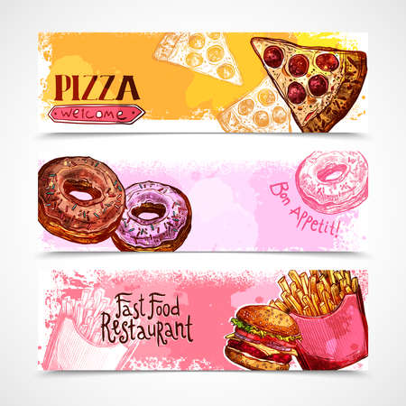 Fast food horizontal banners set with hand drawn donut pizza and hamburger isolated vector illustrationのイラスト素材