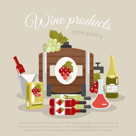 Wine products tagline still life with bottles and keg flat poster vector illustrationのイラスト素材