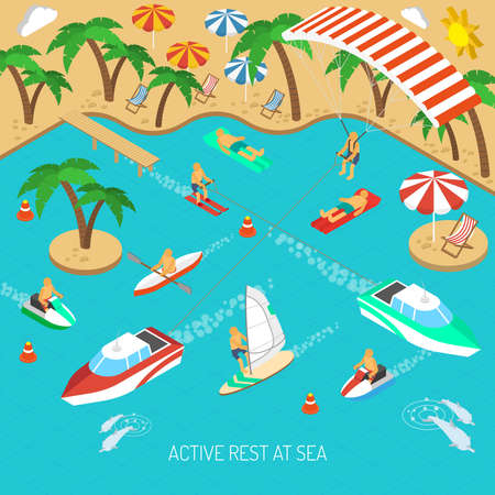 Active rest at sea and beach vacation with umbrellas and chaise lounges isometric concept vector illustrationのイラスト素材