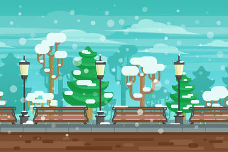 Winter garden landscape with lanterns and benches under snow doodle poster vector illustrationのイラスト素材