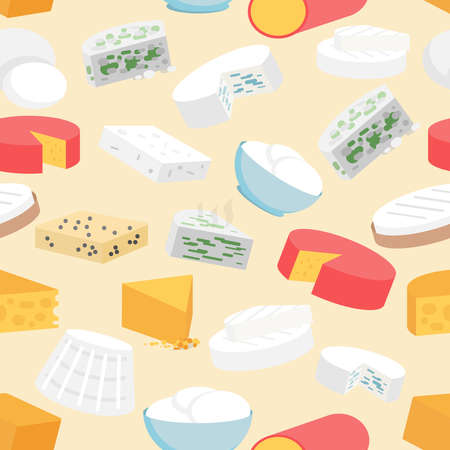 Cheese variety flat seamless pattern with cheddar mozzarella gouda camembert vector illustrationのイラスト素材