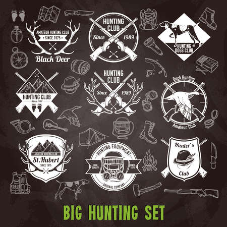 Hunting club labels and icons chalkboard set isolated vector illustrationのイラスト素材