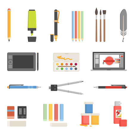 Painter and graphic designer drawing tools icons flat set isolated vector illustrationのイラスト素材