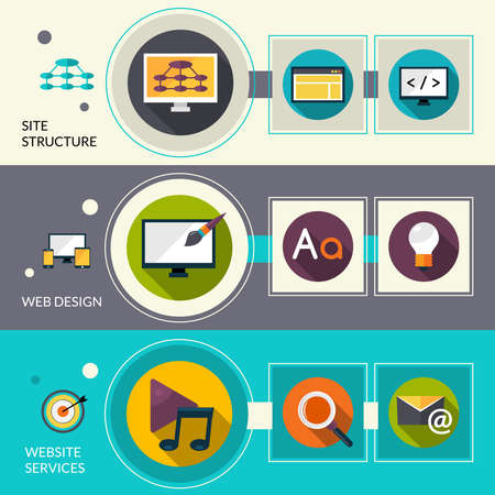 Web design horizontal banners set with flat website structure elements isolated vector illustrationのイラスト素材