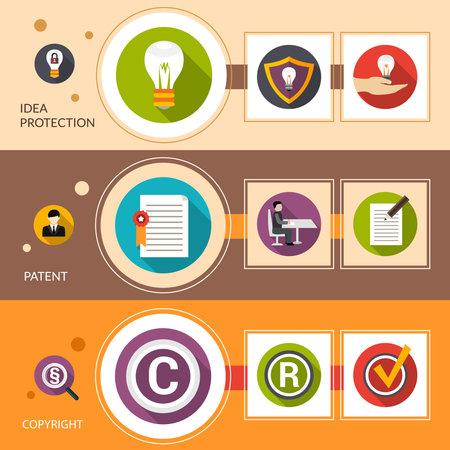 Patent idea protection horizontal banner set with copyright flat elements isolated vector illustrationのイラスト素材