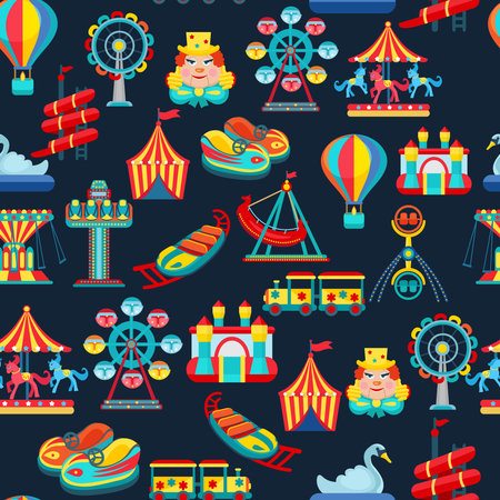 Amusement park seamless pattern with children attractions flat vector illustrationのイラスト素材