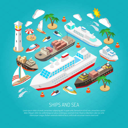 Sea and ships with ferries cargos boats yachts and beaches isometric concept vector illustrationのイラスト素材