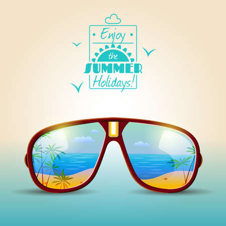 Summer holidays poster with sunglasses with sea beach in reflection vector illustrationのイラスト素材