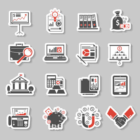 Finance analysis and money investment paper sticker set isolated vector illustrationのイラスト素材