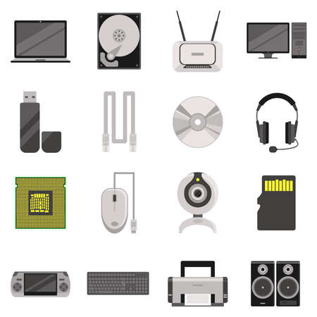 Laptop and computer with components and accessories and electronic devices flat icons set isolated...