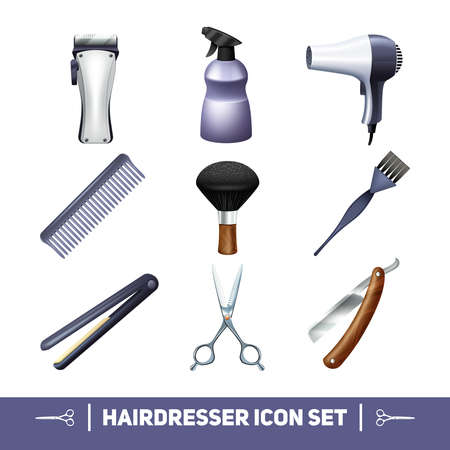 Hairdresser accessories and barber profession equipment icons set with isolated vector illustrationのイラスト素材