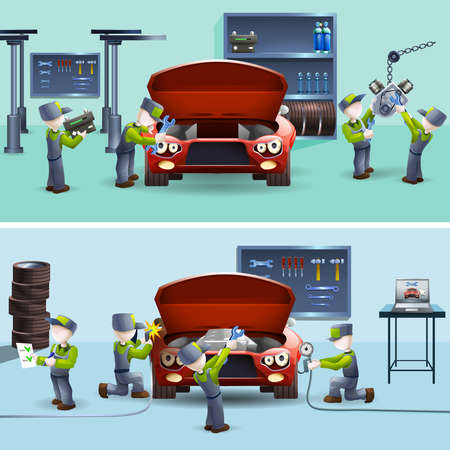 Auto service garage fast  reliable teamwork two flat banners set with car maintaining abstract vector isolated illustrationのイラスト素材