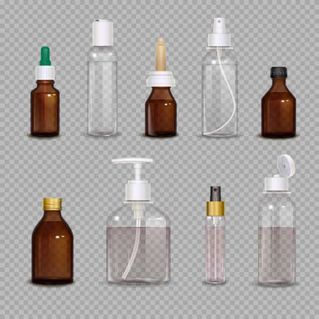 Realistic images set of different bottles for pharmaceutical or makeup means on transparent background isolated vector illustrationのイラスト素材