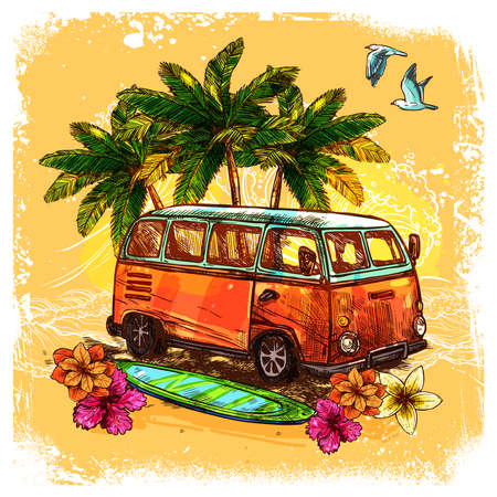Surf or hippy style vintage old bus with surfboard flowers and palm sketch color concept vector illustrationのイラスト素材